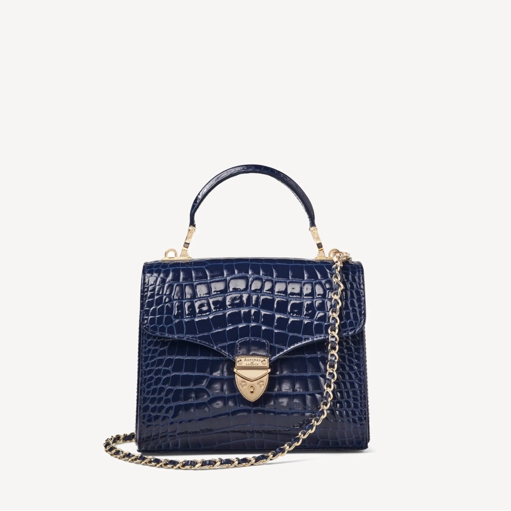 Aspinal of London Midi Mayfair Bag - Patent Croc with Chain Strap